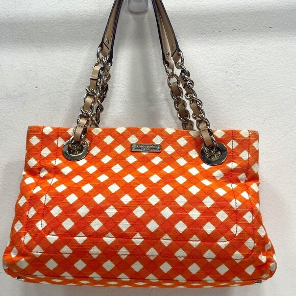 Kate Spade Valencia Shopper Orange and white checked Bag Medium size - Picture 1 of 7